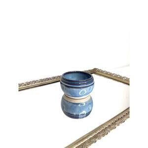 Signed Blue Miniture Pottery Trinket Bowl, Small Blue Pottery Vase